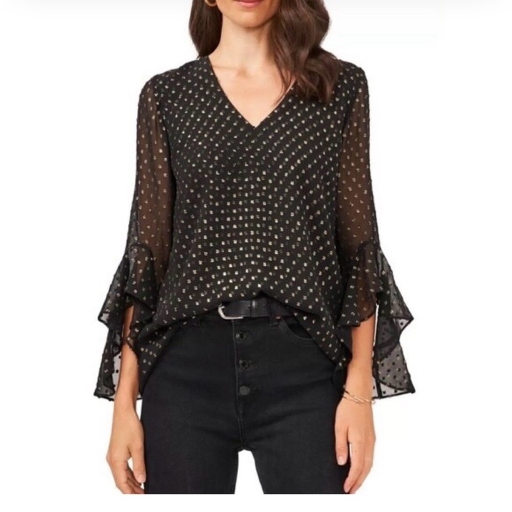 Vince Camuto Black and Gold Sheer Polka Dot Blouse
